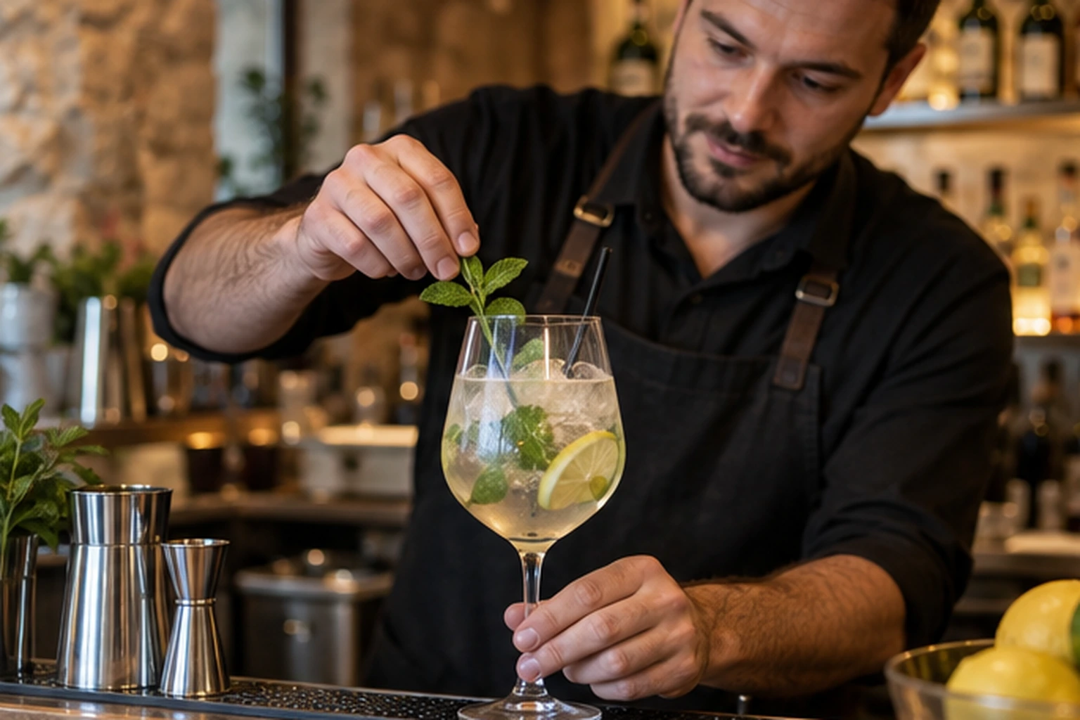 Priprema gin tonica s ledom i koricom citrusa