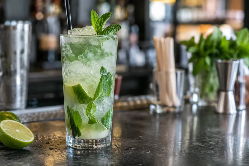Mojito s metvicom, limetom i ledom u visokoj čaši.